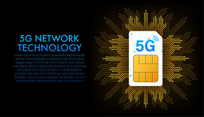 5 g的Sim卡。等距视图。移动通信技术符号。矢量插图。