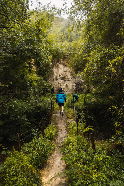 两个穿着雨衣的徒步旅行者在雨中穿过一片森林。春天在从伊斯帕斯特到勒凯提奥的路上，比斯卡亚的风景。巴斯