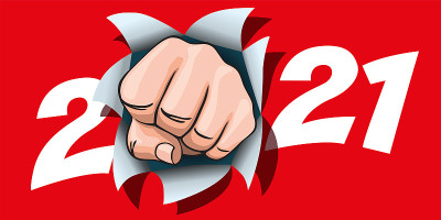 反抗的概念，拳头穿过一张海报，上面写着“2021年”。