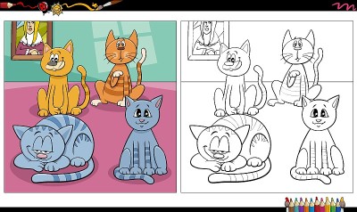 卡通猫和小猫群涂色书页