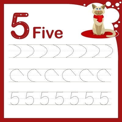 画线矢量插图的儿童学习数字的任务。有数字5的工作表。书法培训