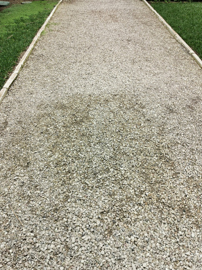 鸟瞰图，笔直的砾石路与绿色的草在两侧。石灰色背景