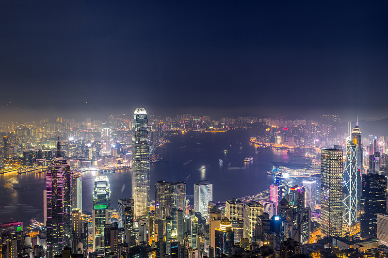 香港在维多利亚港两岸的天际线