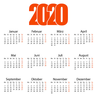 日历2020在德国。撕日历。个人的组织者。白色背景。矢量图