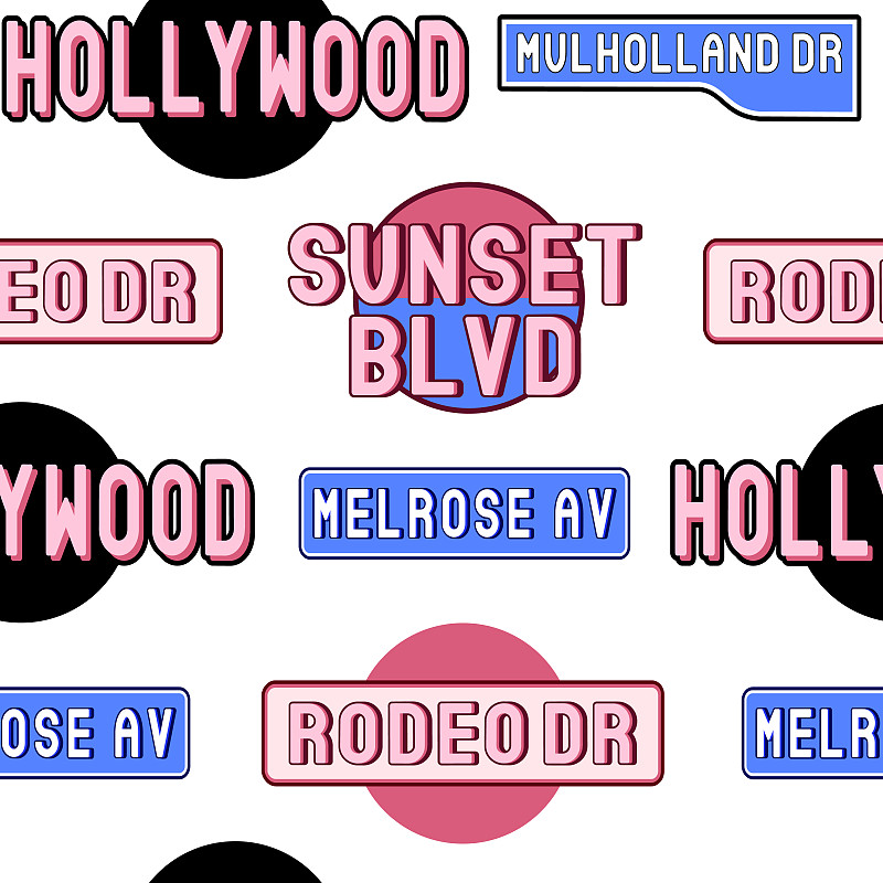 无缝图案的补丁，贴纸，徽章，别针与洛杉矶街道和社区的名字:“好莱坞”，“Rodeo博士”，“梅尔罗斯