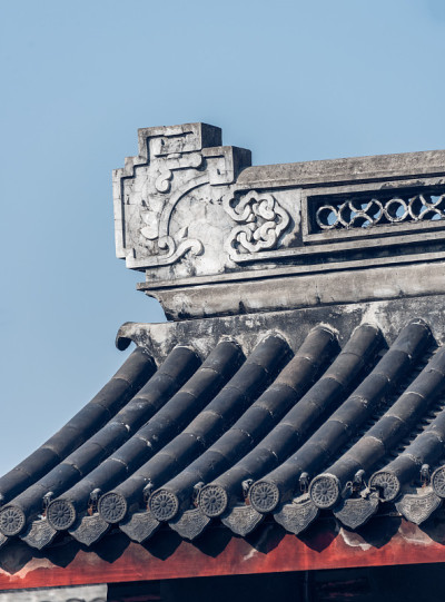 中国古代建筑的传统粘土屋顶，特写