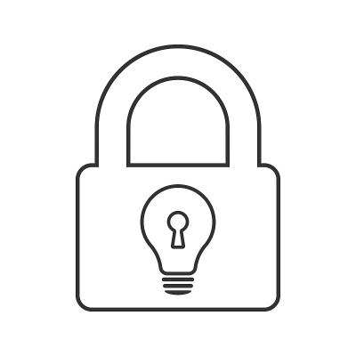 专利解决方案。带锁的灯泡。插图。孤立在白色背景上。
