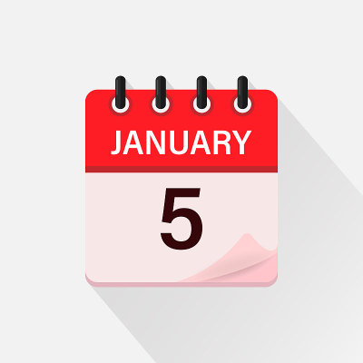 1月5日，日历图标与阴影。日、月。平面向量插图。