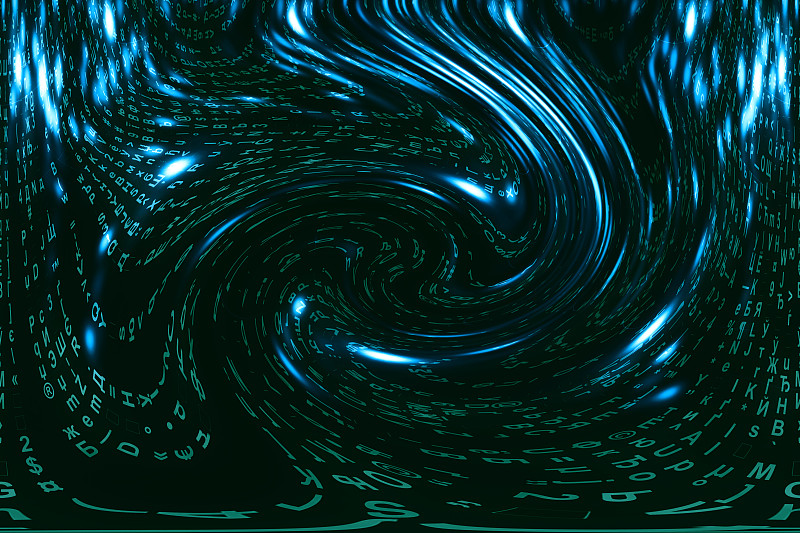 蓝绿色矩阵数字背景。扭曲的网络空间的概念。绿色人物掉入虫洞。入侵矩阵。虚拟现实设计。复杂的算法数据黑