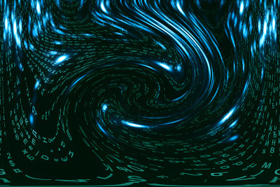 蓝绿色矩阵数字背景。扭曲的网络空间的概念。绿色人物掉入虫洞。入侵矩阵。虚拟现实设计。复杂的算法数据黑