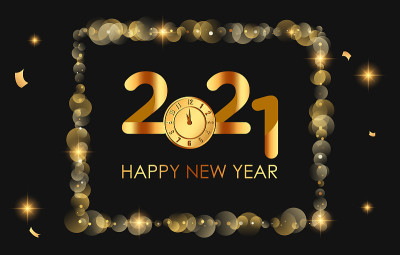 2021年新年快乐豪华优雅的设计。向量插图的金色2021标志数字与时钟在黑色的背景。完美的排版为快乐