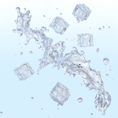 水飞溅与水滴和冰块孤立在光背景。三维演示