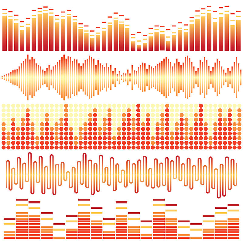 橙色声波矢量集。音频均衡器。声音和音频波