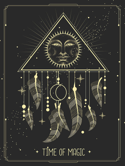 现代魔法魔法卡与捕梦网和太阳标志与人的脸。矢量图