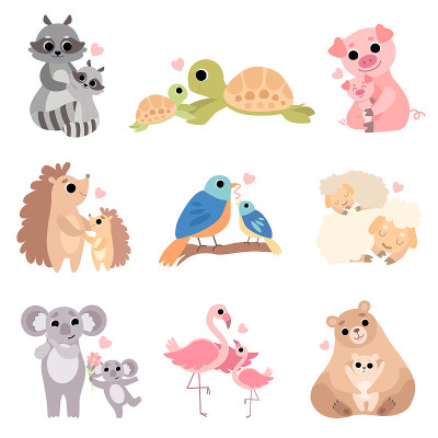 Cute Animal Families Set, Raccoon, Turtle, Pig, He