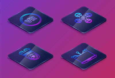 Set Isometric line Virtual reality, Video graphic 