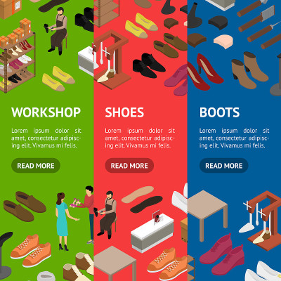 Shoe Work Shop Concept Banner Vecrtical Set 3d Iso