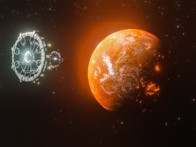 监视和研究太阳系外未知行星的卫星。美丽的抽象插图，行星在太空和闪亮的星星。有活火山的未知行星。库存图
