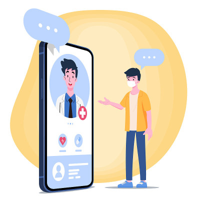 在线预约医生，会诊，与患者见面。现代医疗保健技术理念。智能诊所为顾问手机上的应用程序，医生可以开药。