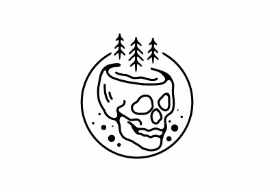 黑线艺术插画骷髅头与松树在圆形设计
