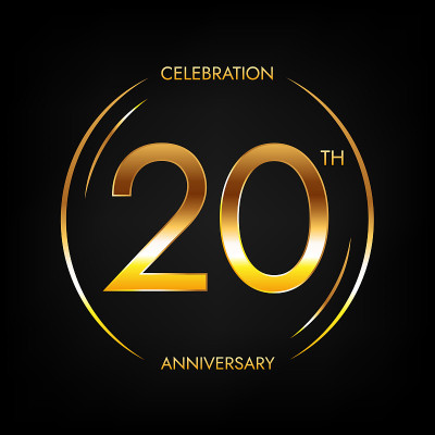 20周年。明亮的金色矢量旗帜。