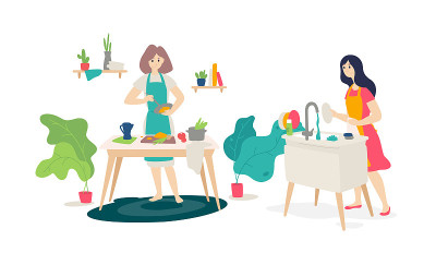 厨房里女孩的插画。向量。平的风格。妻子在家准备。在线烹饪课程。家庭主妇洗盘子。女性的家庭作业。
