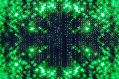 绿蓝矩阵数字背景。抽象的网络空间的概念。人物倒了。来自符号流的矩阵。虚拟现实设计。复杂的算法数据黑客