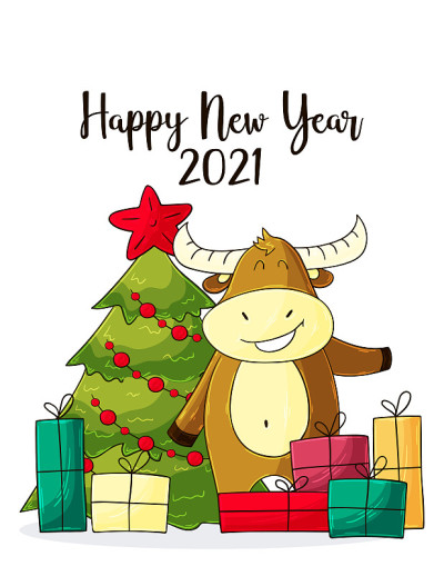 2021年新年快乐儿童插图。中国新年2021年是牛年