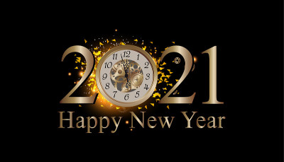 新年快乐2021文字插图向量时钟金色闪烁优雅豪华午夜与齿轮