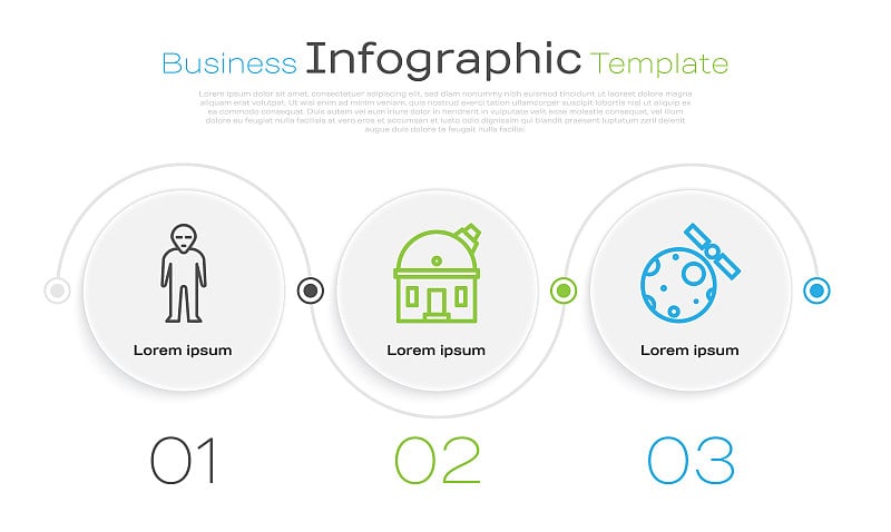 设定线外星人，天文观测站和卫星绕地球运行。业务信息模板。向量