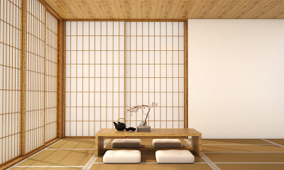 现代客厅室内设计，木地板，白色墙壁，设计日式风格，3d插图，3d渲染