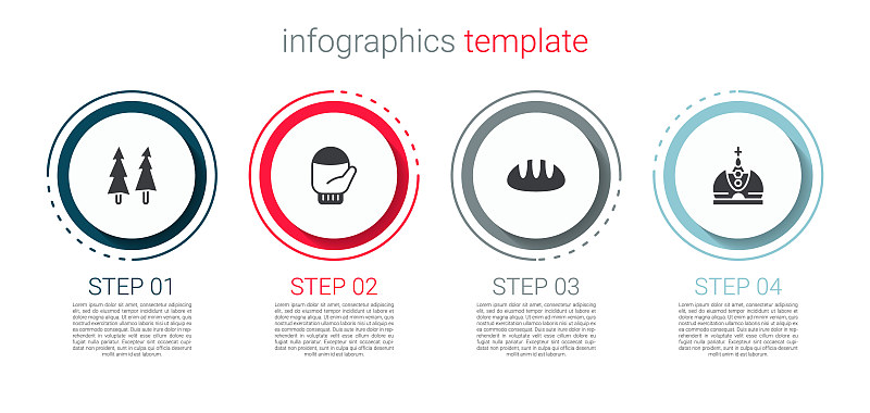 设置圣诞树，手套，面包和皇冠。业务信息模板。向量