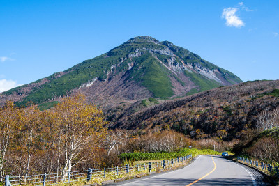 日本北海道知床山道上的罗须山，秋叶纷飞