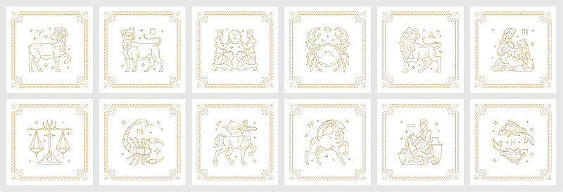 黄道星座星座线性设计矢量插图集