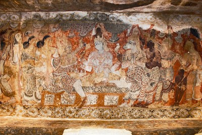 壁画。湿婆和Parvati在下棋。伴随着几个神和圣人。Lepakshi，安德拉邦，印度