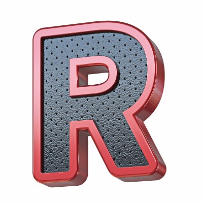 红色闪亮金属和黑色皮革字体字母R 3D