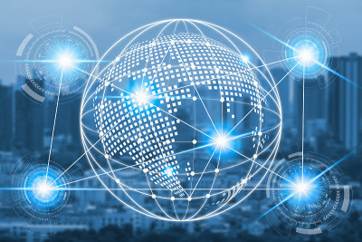 技术元素internet通讯网络以数字线点为背景设计