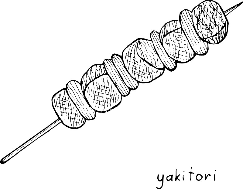 日式烧鸡-日式食墨插画。图形的黑白艺术品。成人涂色页。矢量图