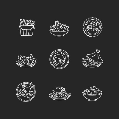 Restaurant dishes chalk white icons set on black b