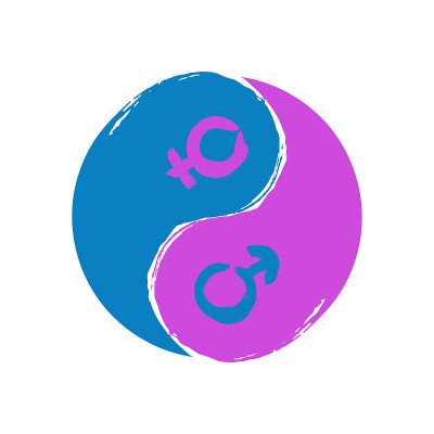 手绘矢量水彩笔刷阴阳符号与男女和谐图标。在白色背景上平衡蓝色和粉红色的圆形男女标志。应阳佛教宗教例证