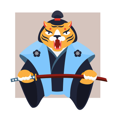 穿着武士服，手持武士刀的老虎。野生动物战士矢量插图