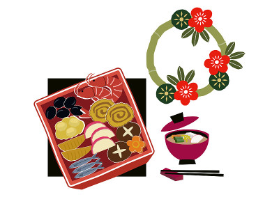 新年的材料。大锅菜插图。新年的菜肴。日本新年。