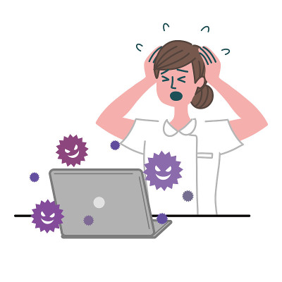 医护人员医生女笔记本电脑手势困惑电脑bug