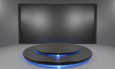 黑色看台和LCD屏幕背景在新闻演播室。3 d渲染。