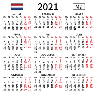 荷兰日历2021年，周一