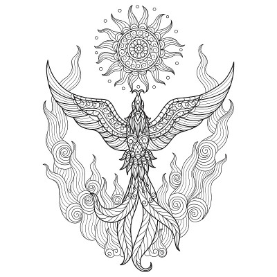 禅宗涂鸦凤凰纠结成人涂色页，插画ztangle风格。