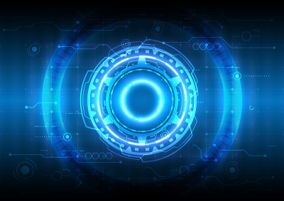 未来科幻发光HUD用户。计算机数字数字信息图框架。摘要全息技术背景。虚拟现实技术电气创新。数据连接网