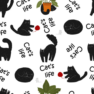 黑色可爱的猫手绘无缝图案。一只笑着玩卡哇伊的猫。一株植物，一个球，一个动物玩具。股票矢量平面卡通插图