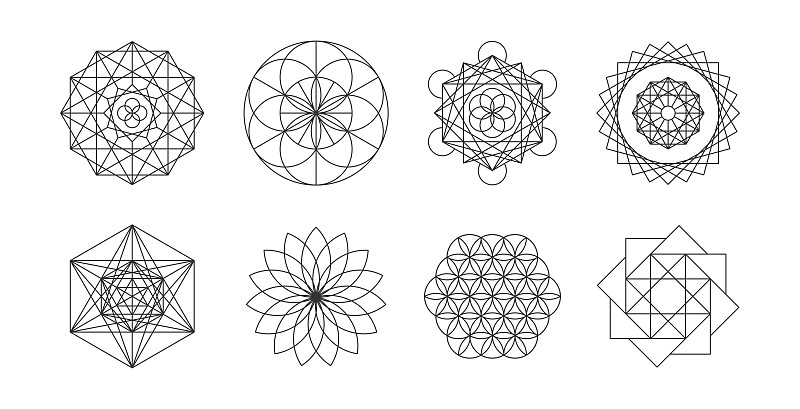 神圣的几何线条符号。炼金术，宗教，哲学，灵性符号和元素
