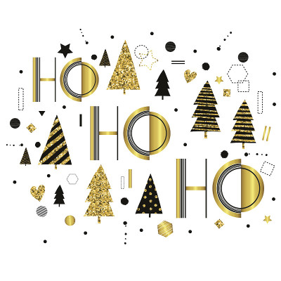Ho Ho Ho)。可爱的圣诞插图与金色的圣诞树